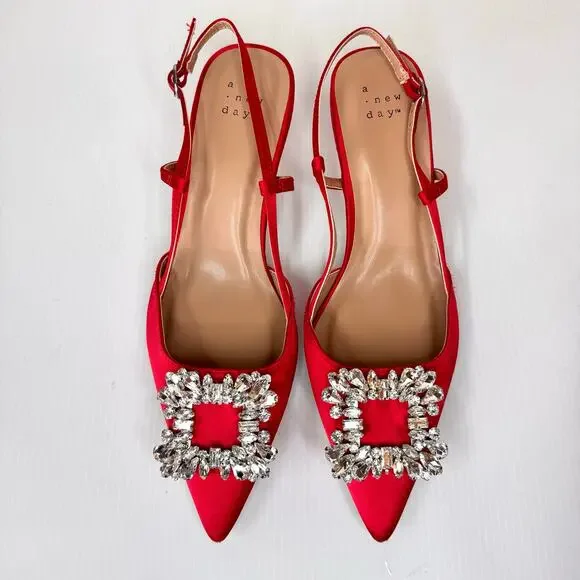 Satin Kitten Heels Women's 8 Red Rhinestone Glam Coquette Prom Wedding Formal - Picture 5 of 10